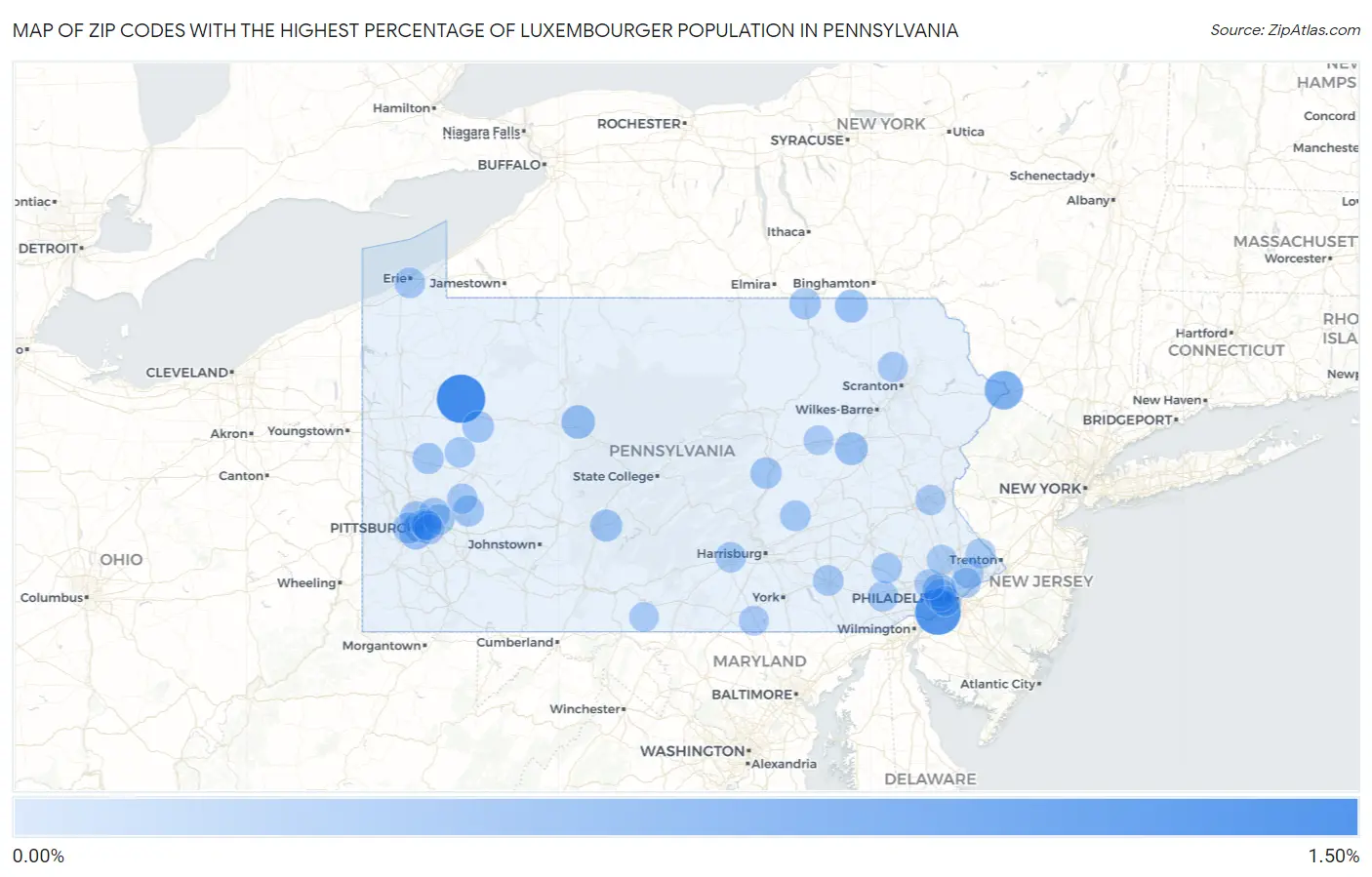 Zip Codes with the Highest Percentage of Luxembourger Population in Pennsylvania Map