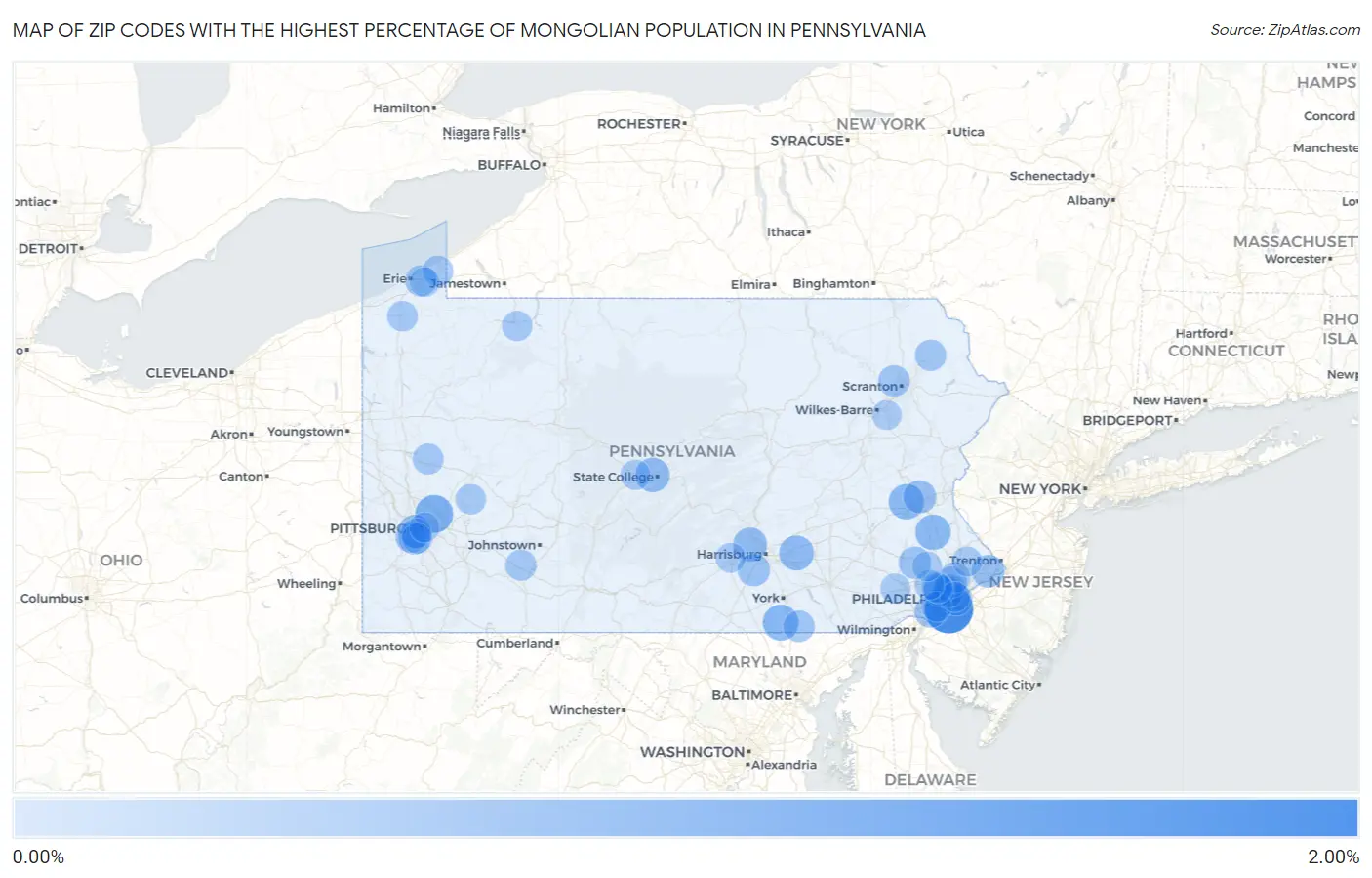 Zip Codes with the Highest Percentage of Mongolian Population in Pennsylvania Map