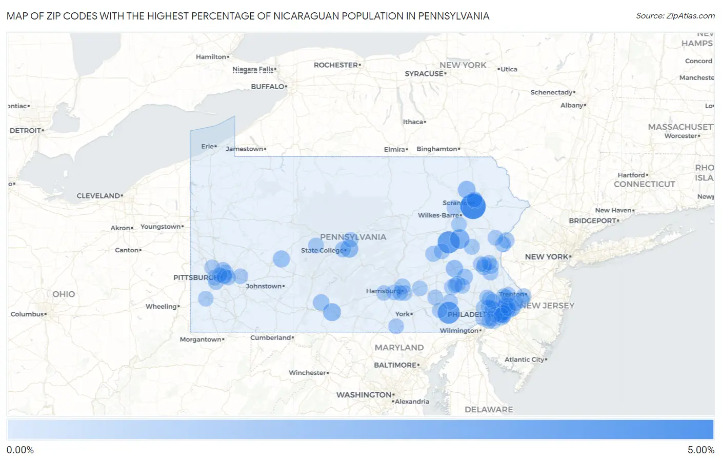 Zip Codes with the Highest Percentage of Nicaraguan Population in Pennsylvania Map
