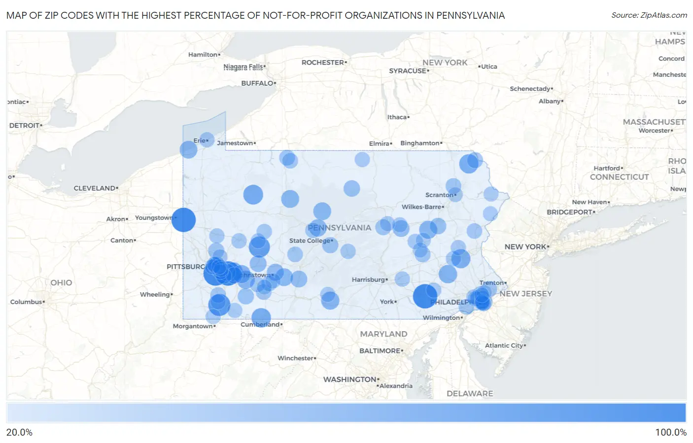 Zip Codes with the Highest Percentage of Not-for-profit Organizations in Pennsylvania Map