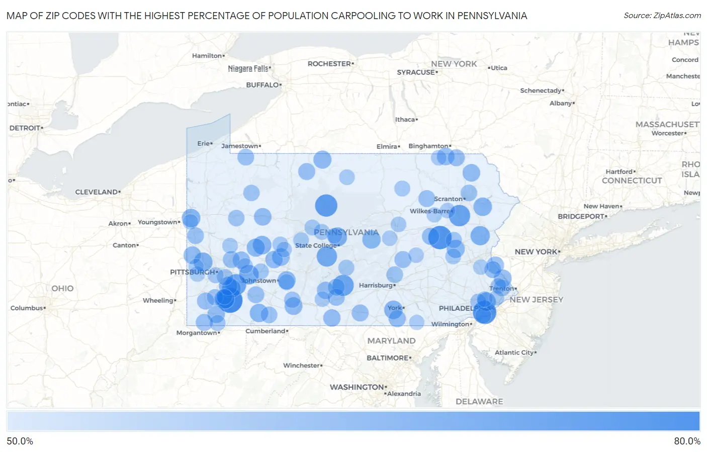 Zip Codes with the Highest Percentage of Population Carpooling to Work in Pennsylvania Map
