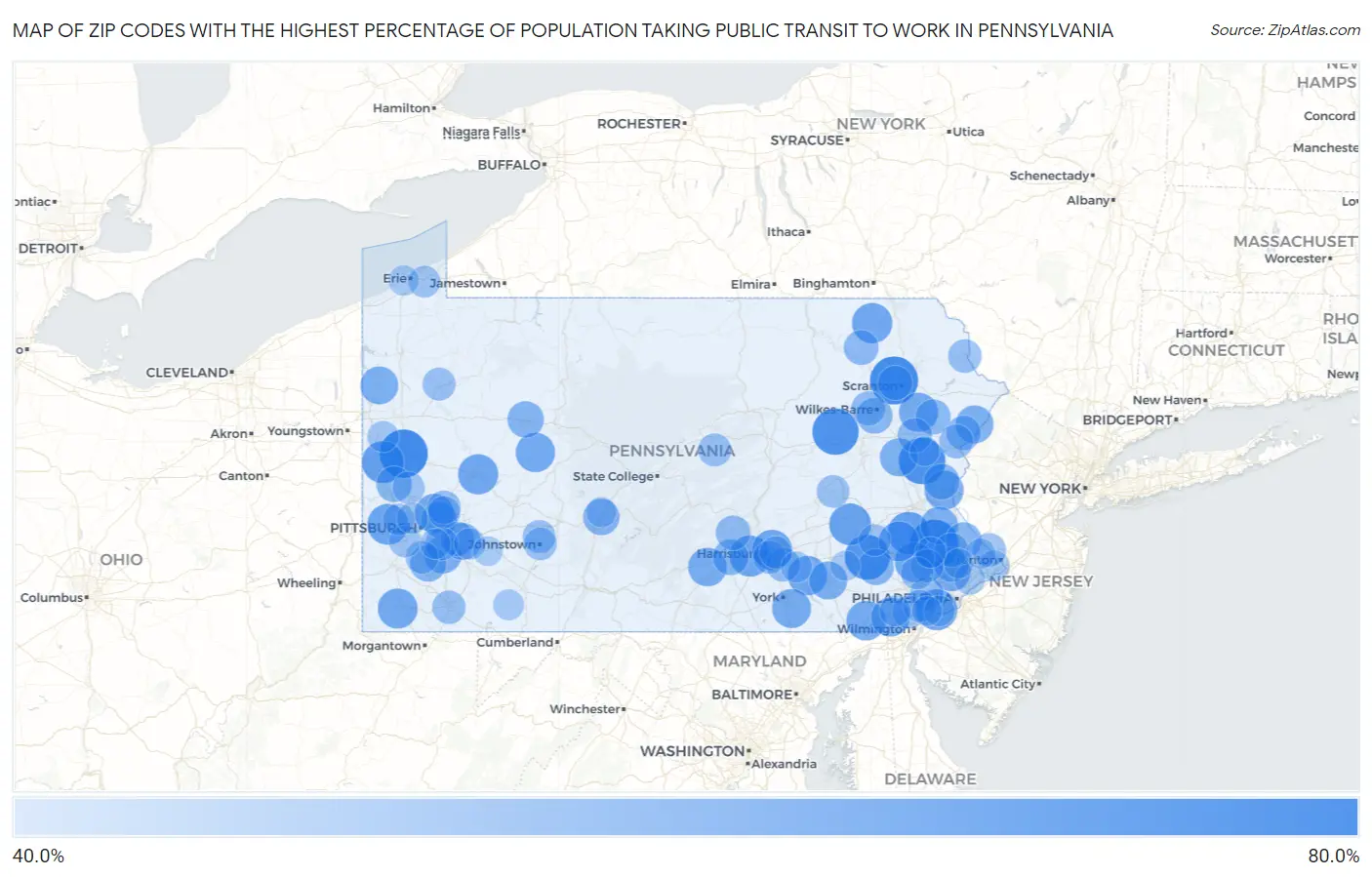 Zip Codes with the Highest Percentage of Population Taking Public Transit to Work in Pennsylvania Map
