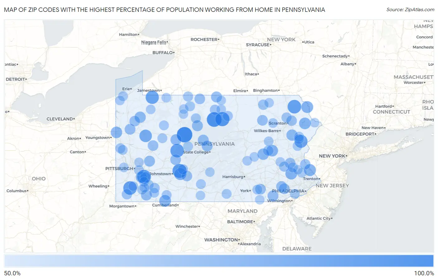 Zip Codes with the Highest Percentage of Population Working from Home in Pennsylvania Map