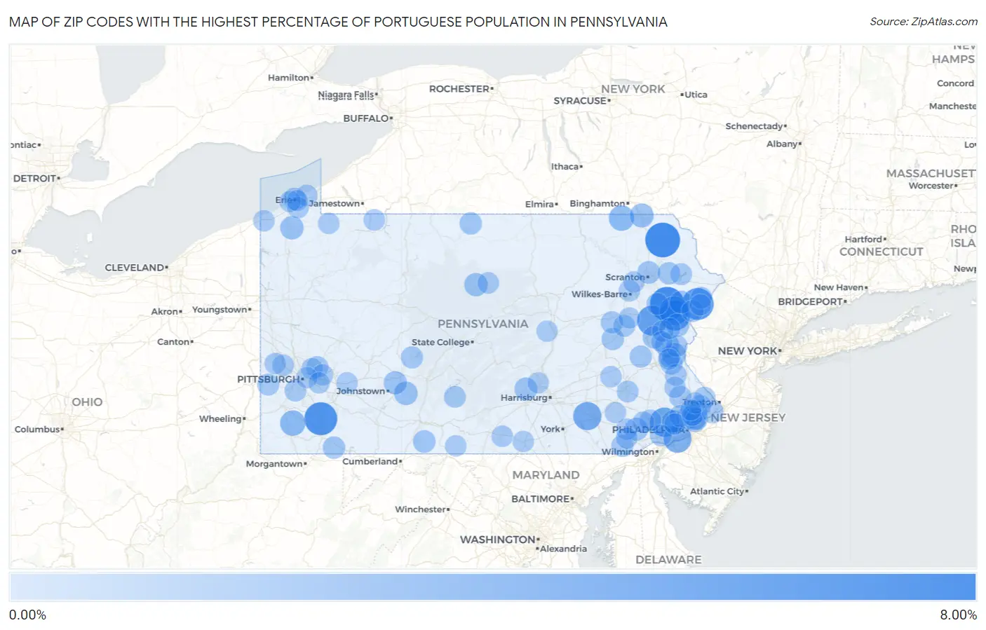 Zip Codes with the Highest Percentage of Portuguese Population in Pennsylvania Map