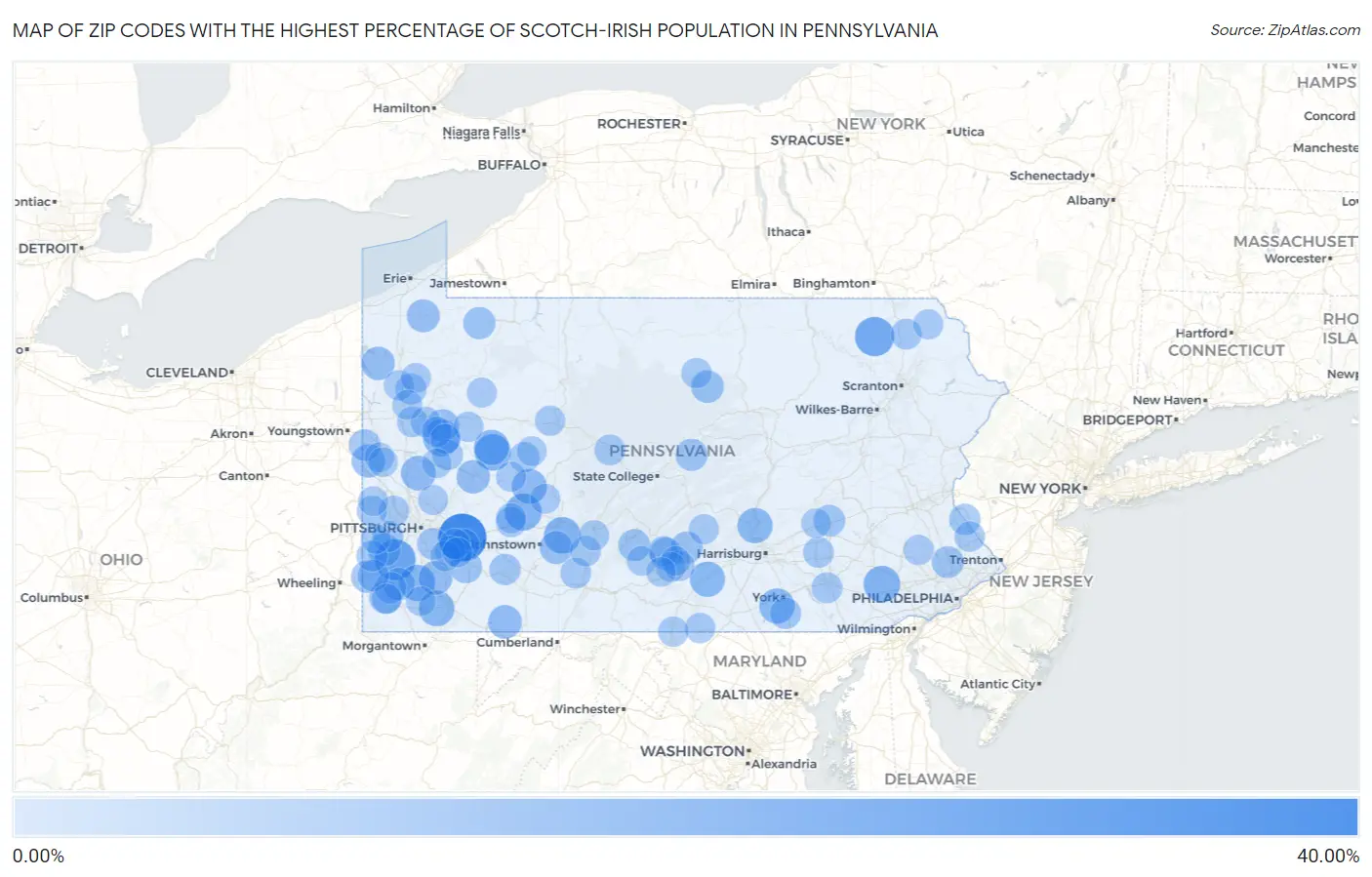 Zip Codes with the Highest Percentage of Scotch-Irish Population in Pennsylvania Map