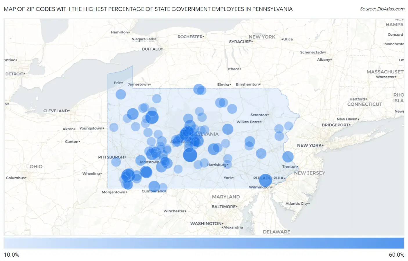 Zip Codes with the Highest Percentage of State Government Employees in Pennsylvania Map