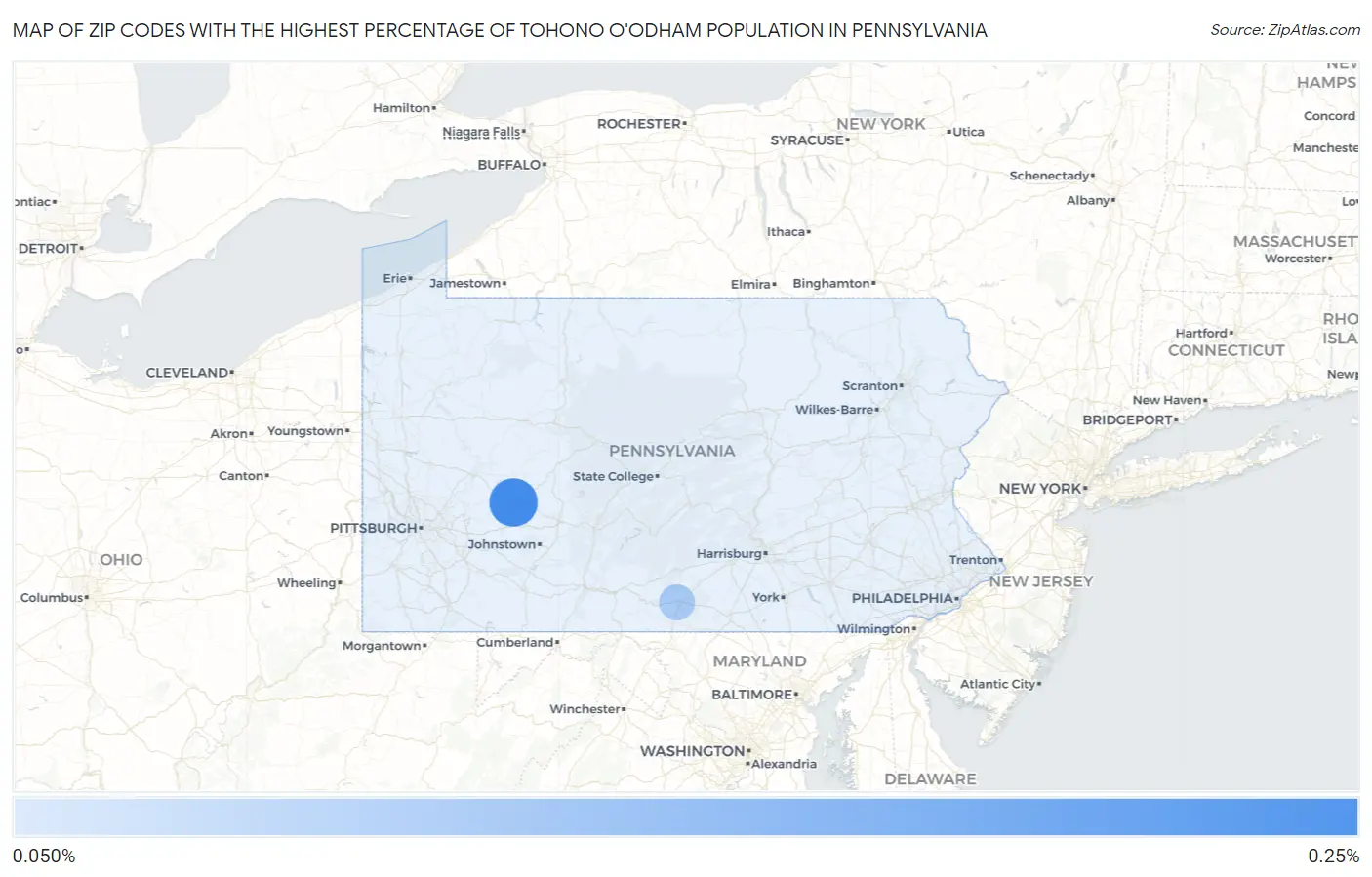 Zip Codes with the Highest Percentage of Tohono O'Odham Population in Pennsylvania Map