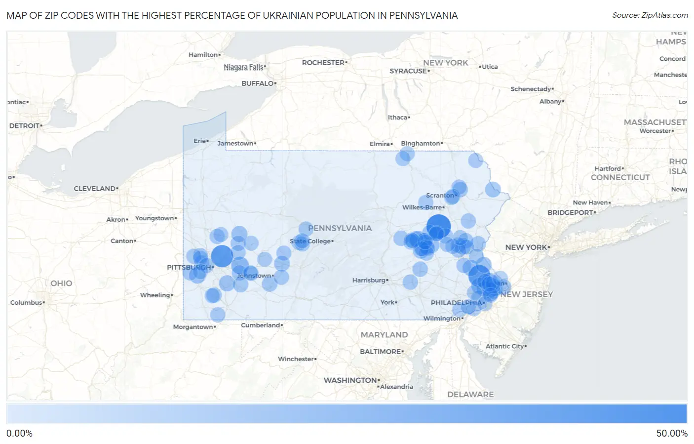 Zip Codes with the Highest Percentage of Ukrainian Population in Pennsylvania Map