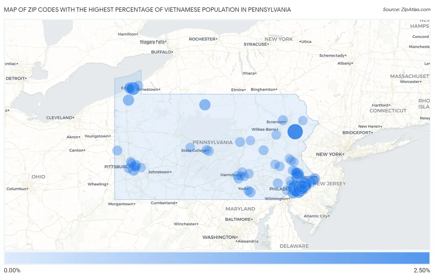 Zip Codes with the Highest Percentage of Vietnamese Population in Pennsylvania Map