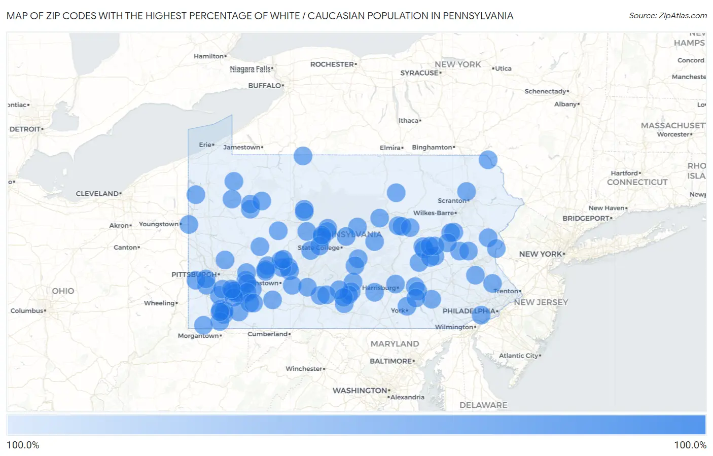 Zip Codes with the Highest Percentage of White / Caucasian Population in Pennsylvania Map