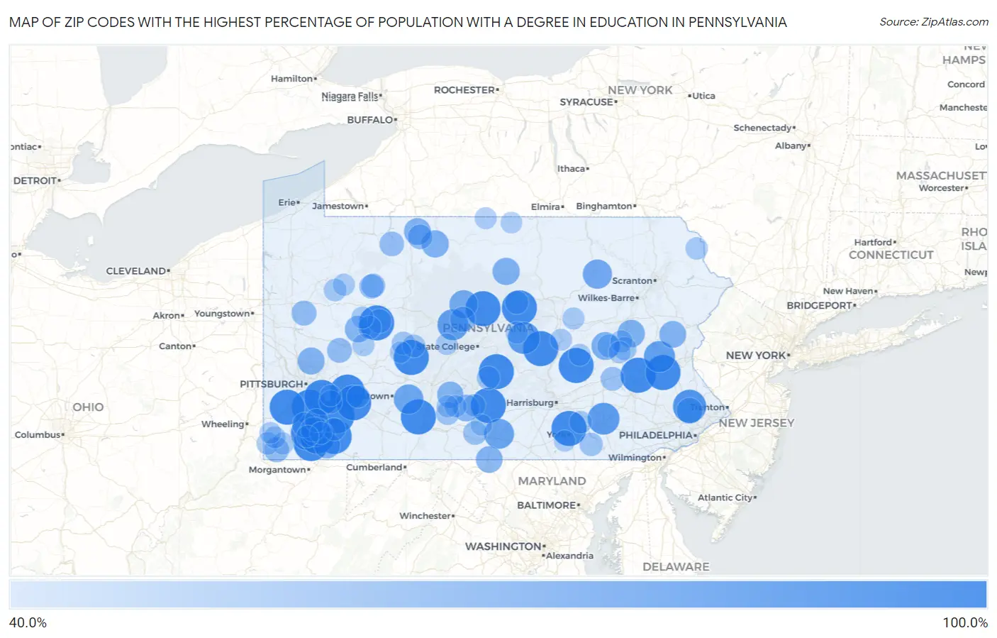 Zip Codes with the Highest Percentage of Population with a Degree in Education in Pennsylvania Map