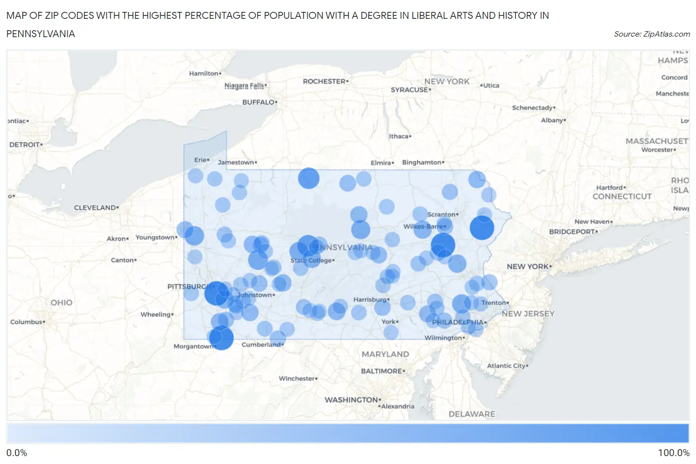 Zip Codes with the Highest Percentage of Population with a Degree in Liberal Arts and History in Pennsylvania Map