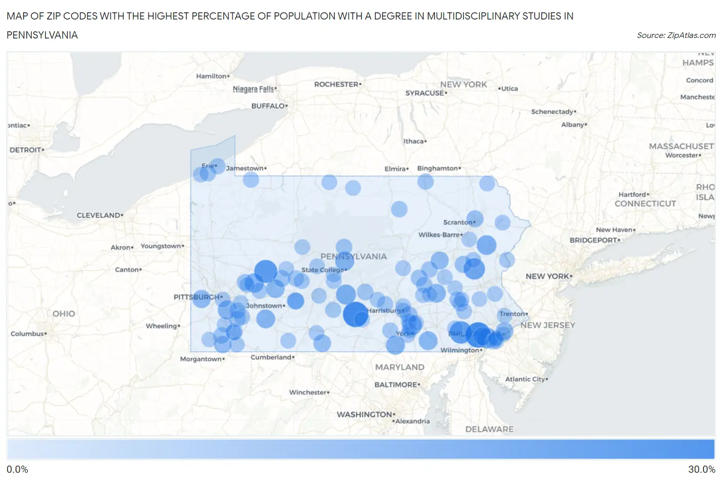 Zip Codes with the Highest Percentage of Population with a Degree in Multidisciplinary Studies in Pennsylvania Map