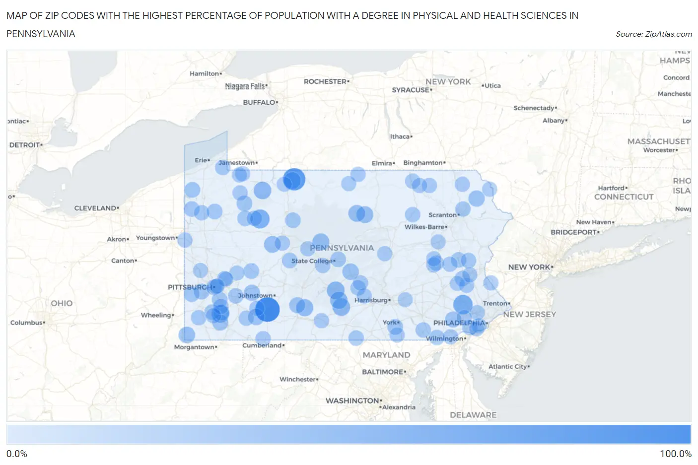 Zip Codes with the Highest Percentage of Population with a Degree in Physical and Health Sciences in Pennsylvania Map