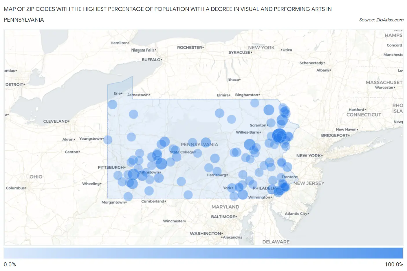 Zip Codes with the Highest Percentage of Population with a Degree in Visual and Performing Arts in Pennsylvania Map
