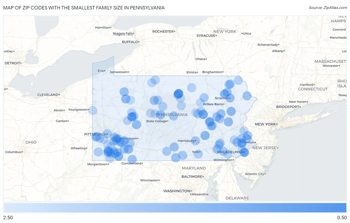 Zip Codes with the Smallest Family Size in Pennsylvania Map