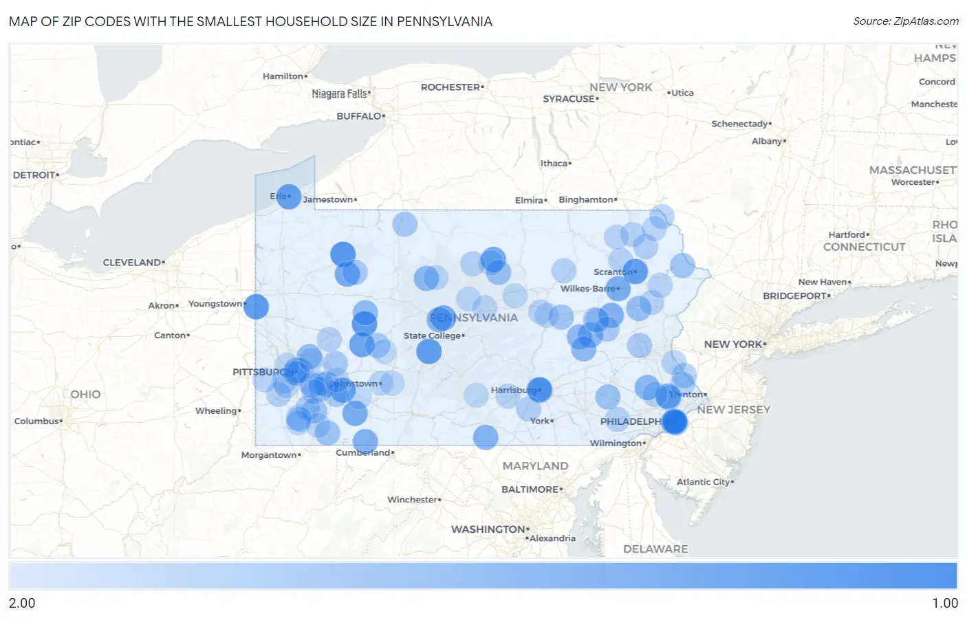Zip Codes with the Smallest Household Size in Pennsylvania Map