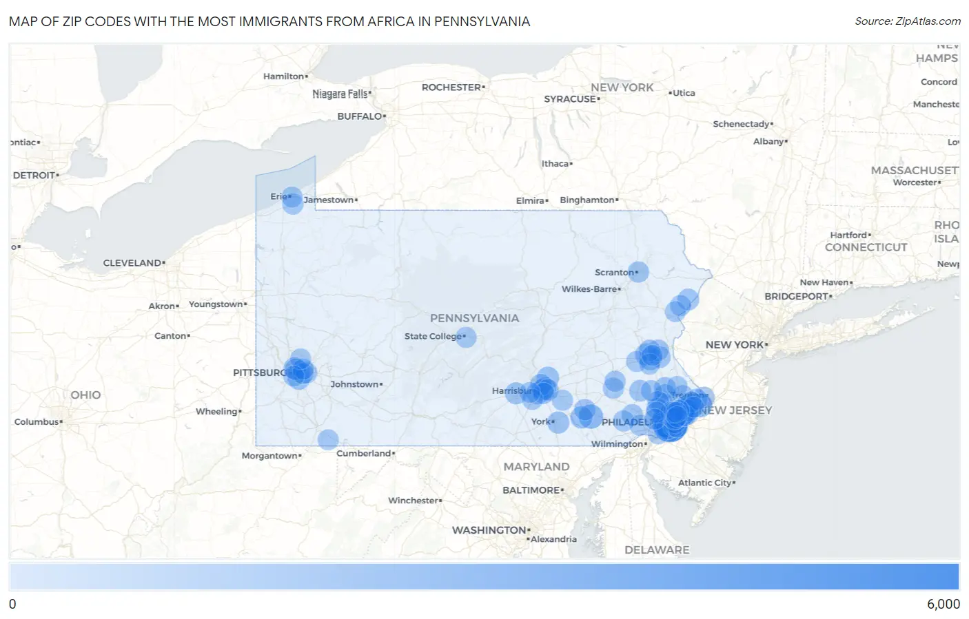 Zip Codes with the Most Immigrants from Africa in Pennsylvania Map