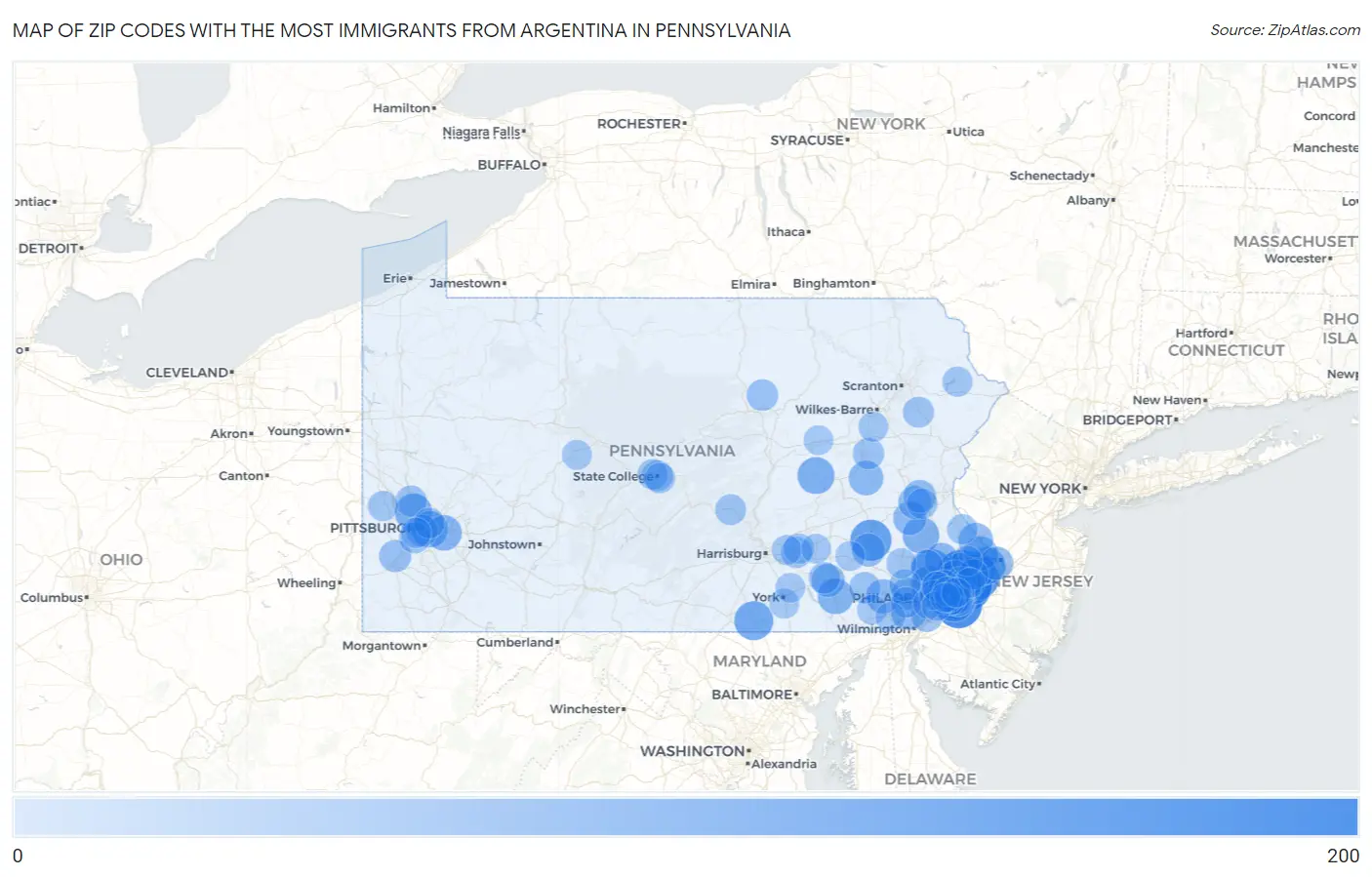 Zip Codes with the Most Immigrants from Argentina in Pennsylvania Map