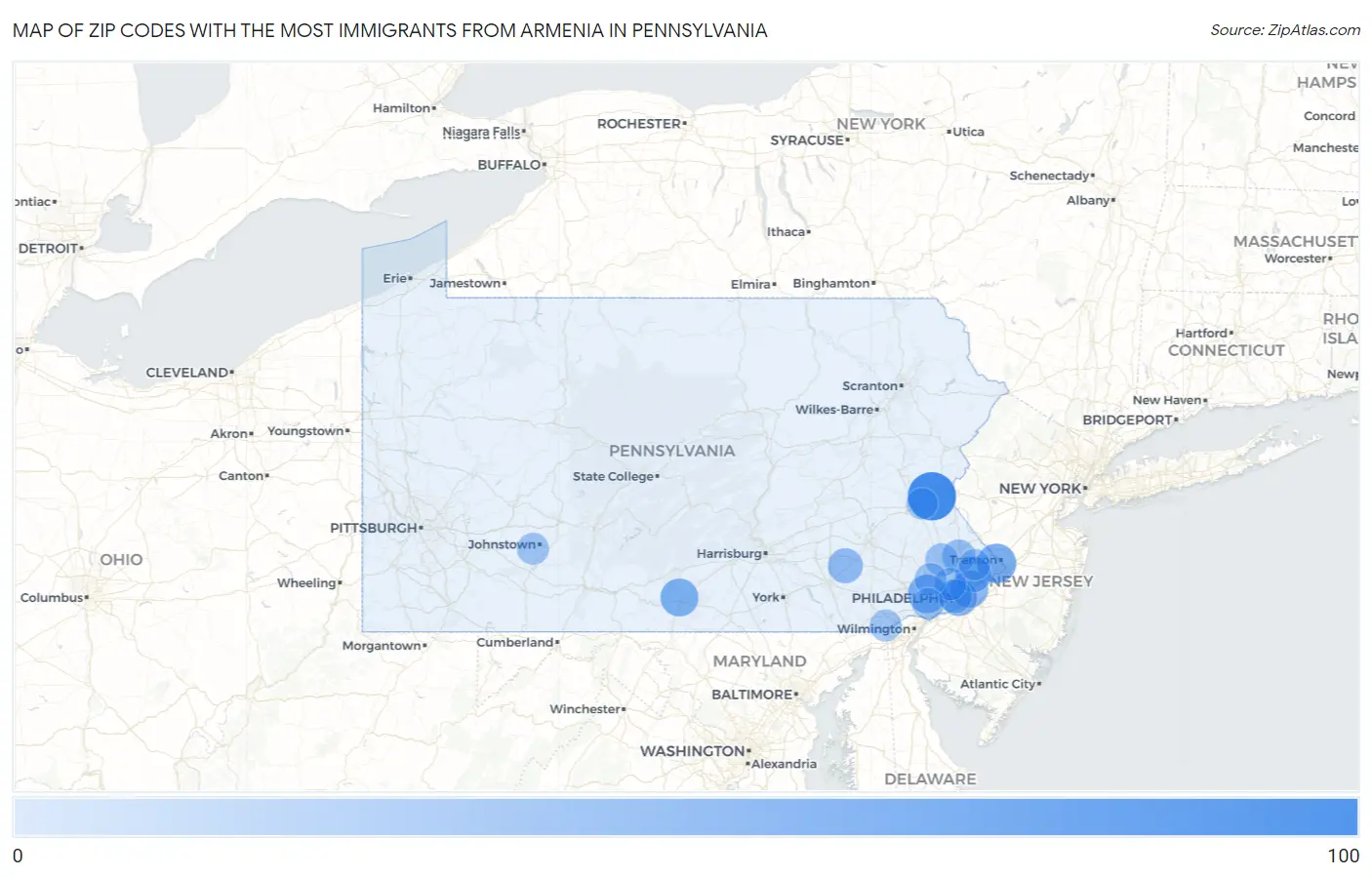 Zip Codes with the Most Immigrants from Armenia in Pennsylvania Map