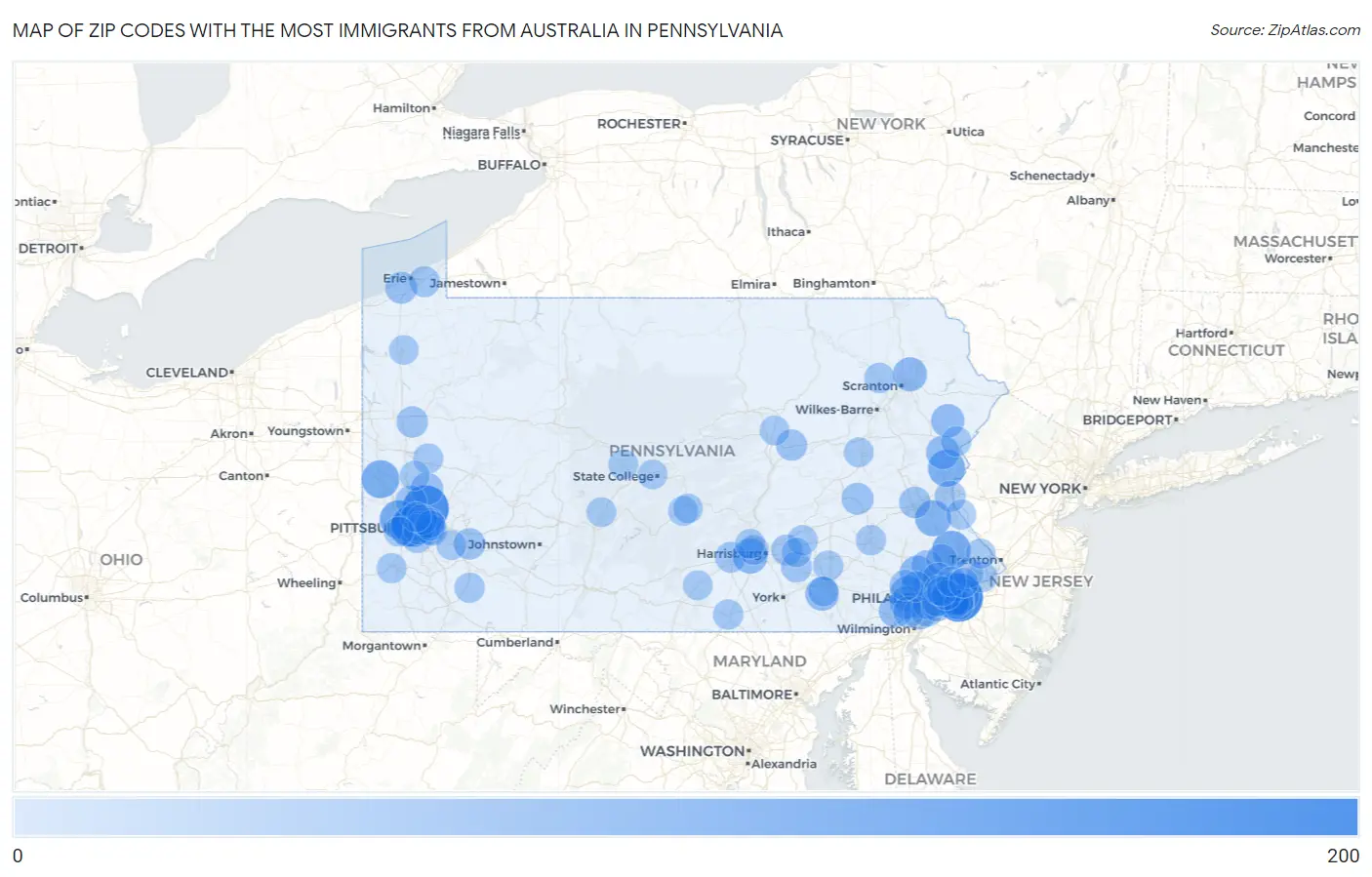 Zip Codes with the Most Immigrants from Australia in Pennsylvania Map
