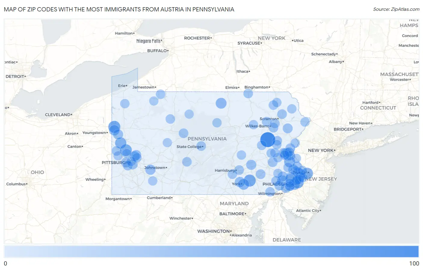 Zip Codes with the Most Immigrants from Austria in Pennsylvania Map