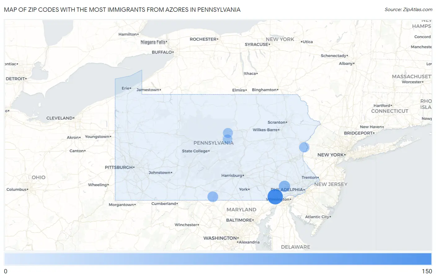 Zip Codes with the Most Immigrants from Azores in Pennsylvania Map