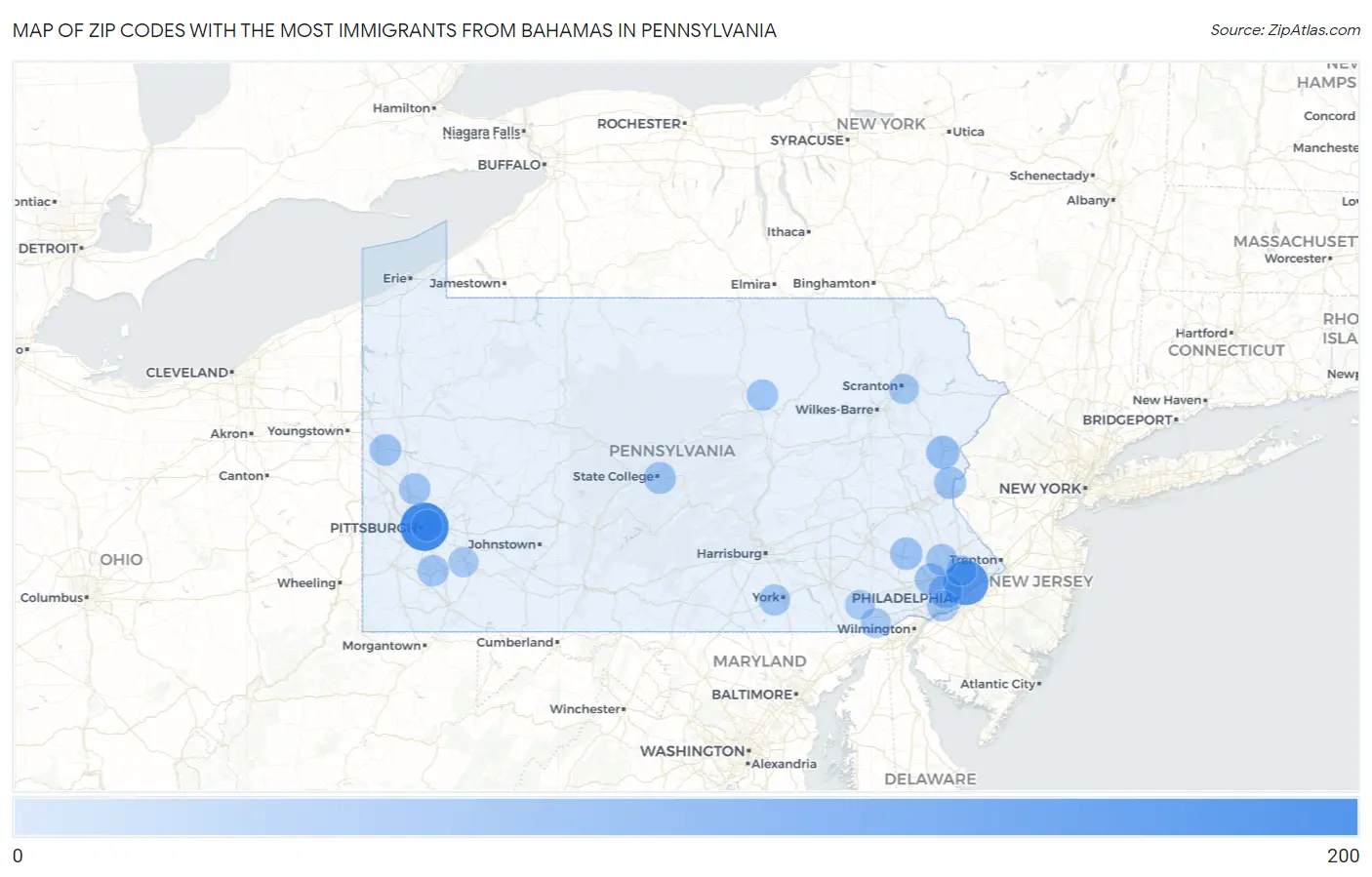 Zip Codes with the Most Immigrants from Bahamas in Pennsylvania Map