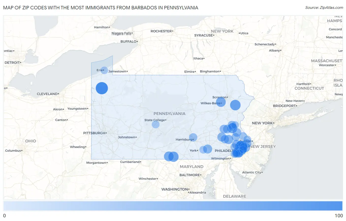 Zip Codes with the Most Immigrants from Barbados in Pennsylvania Map