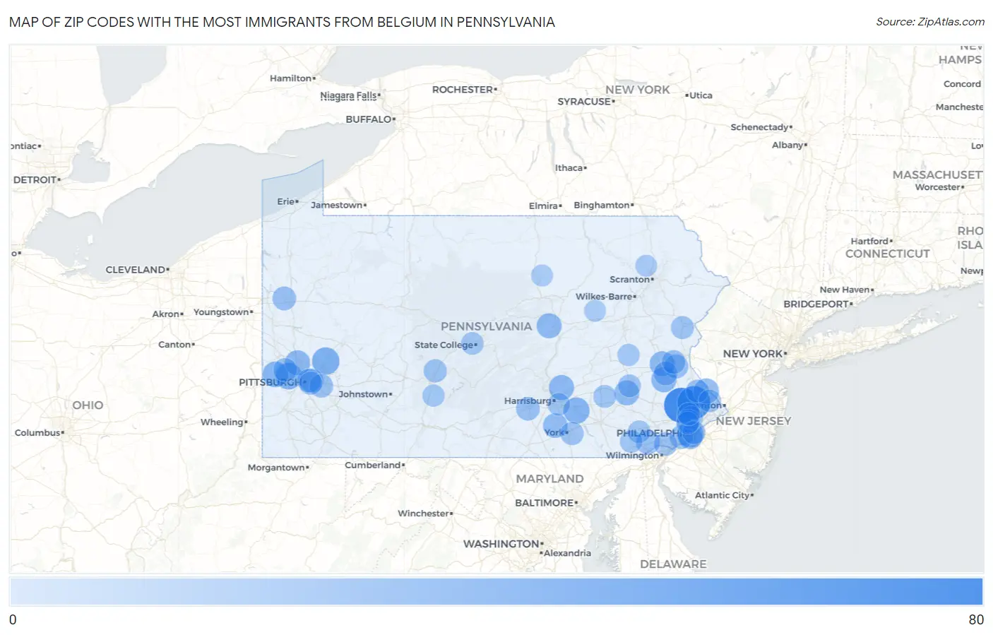 Zip Codes with the Most Immigrants from Belgium in Pennsylvania Map
