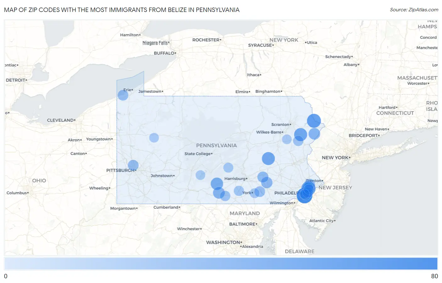 Zip Codes with the Most Immigrants from Belize in Pennsylvania Map