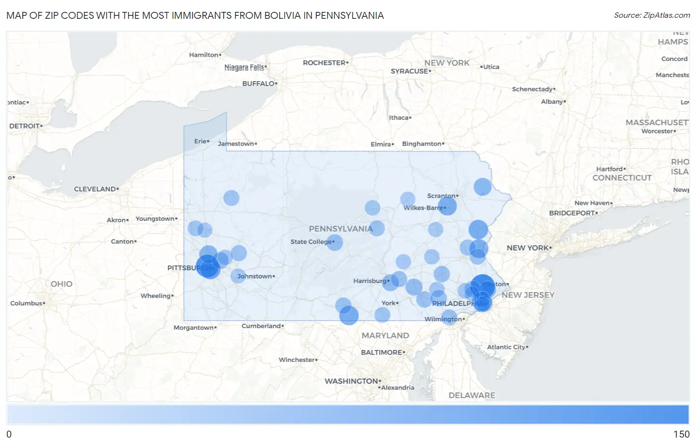 Zip Codes with the Most Immigrants from Bolivia in Pennsylvania Map