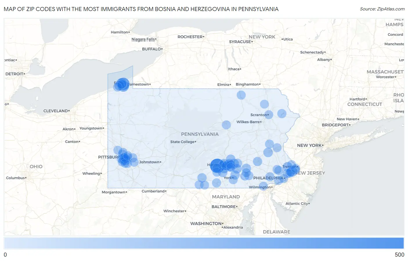 Zip Codes with the Most Immigrants from Bosnia and Herzegovina in Pennsylvania Map