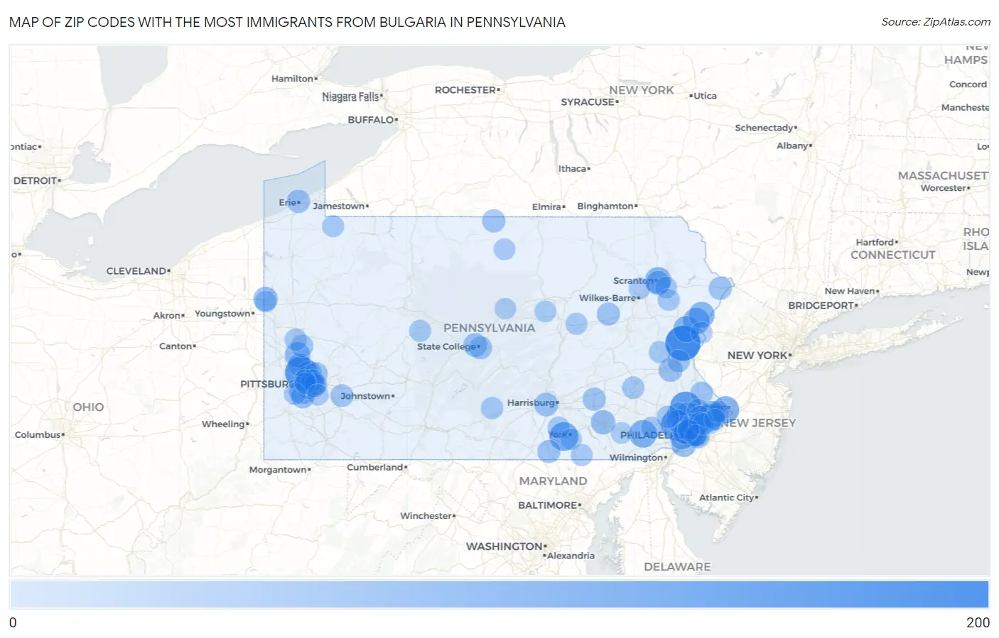 Zip Codes with the Most Immigrants from Bulgaria in Pennsylvania Map