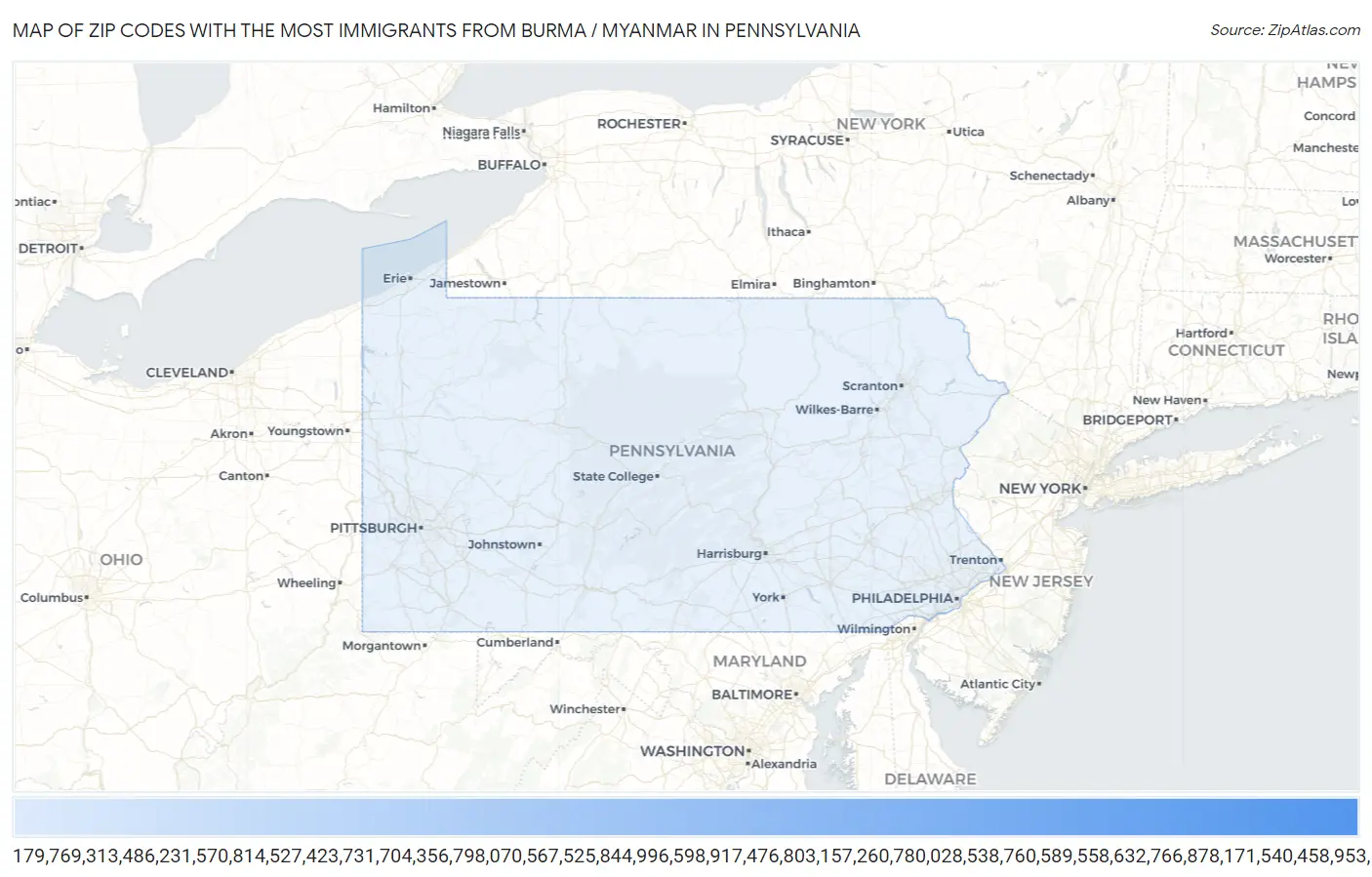 Zip Codes with the Most Immigrants from Burma / Myanmar in Pennsylvania Map