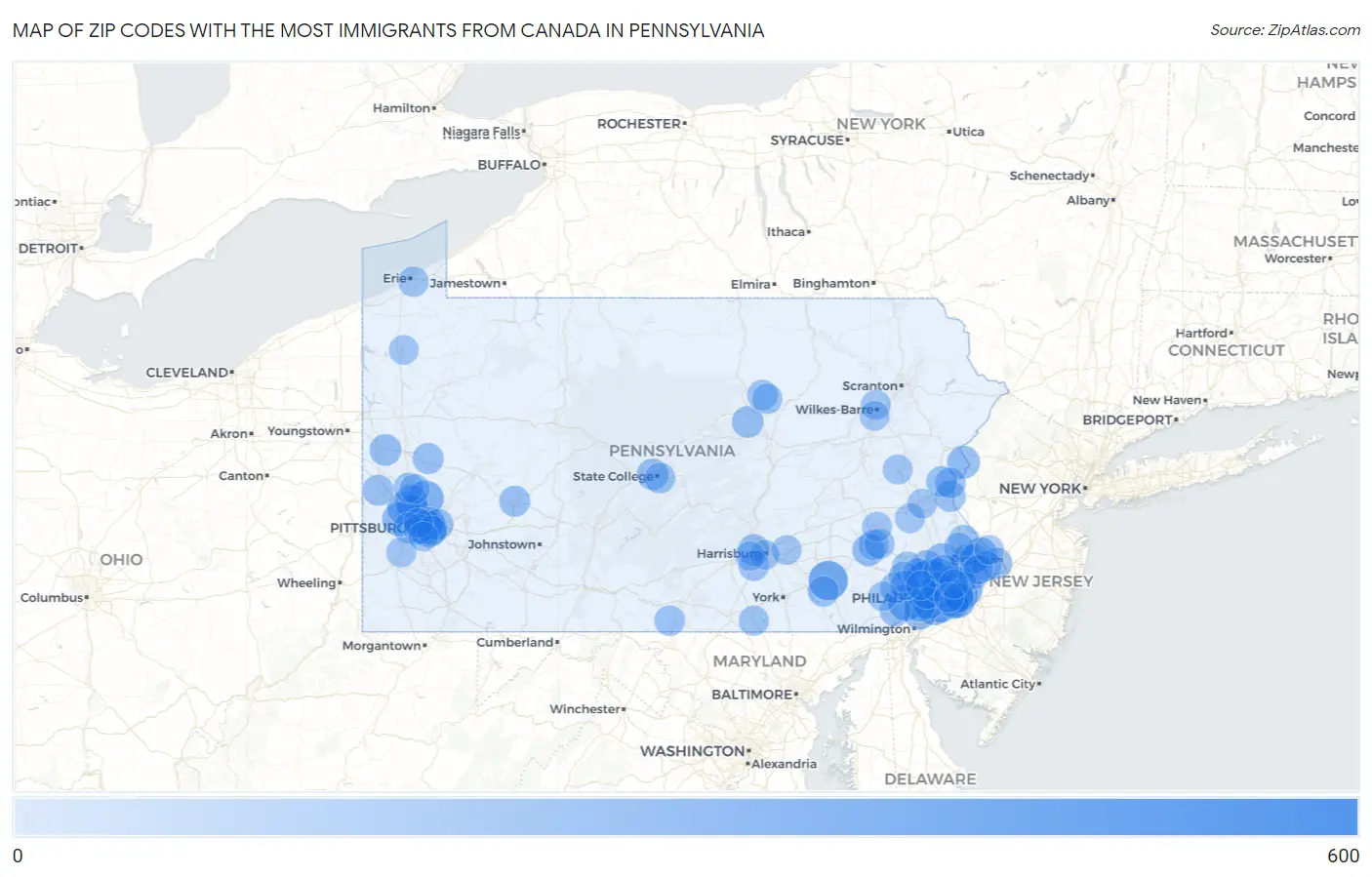 Zip Codes with the Most Immigrants from Canada in Pennsylvania Map