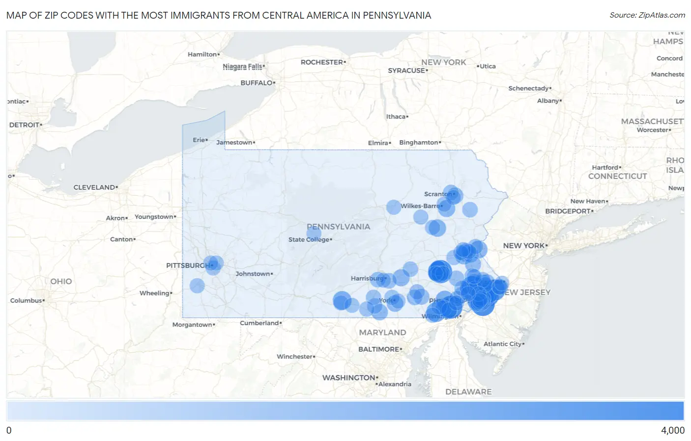 Zip Codes with the Most Immigrants from Central America in Pennsylvania Map
