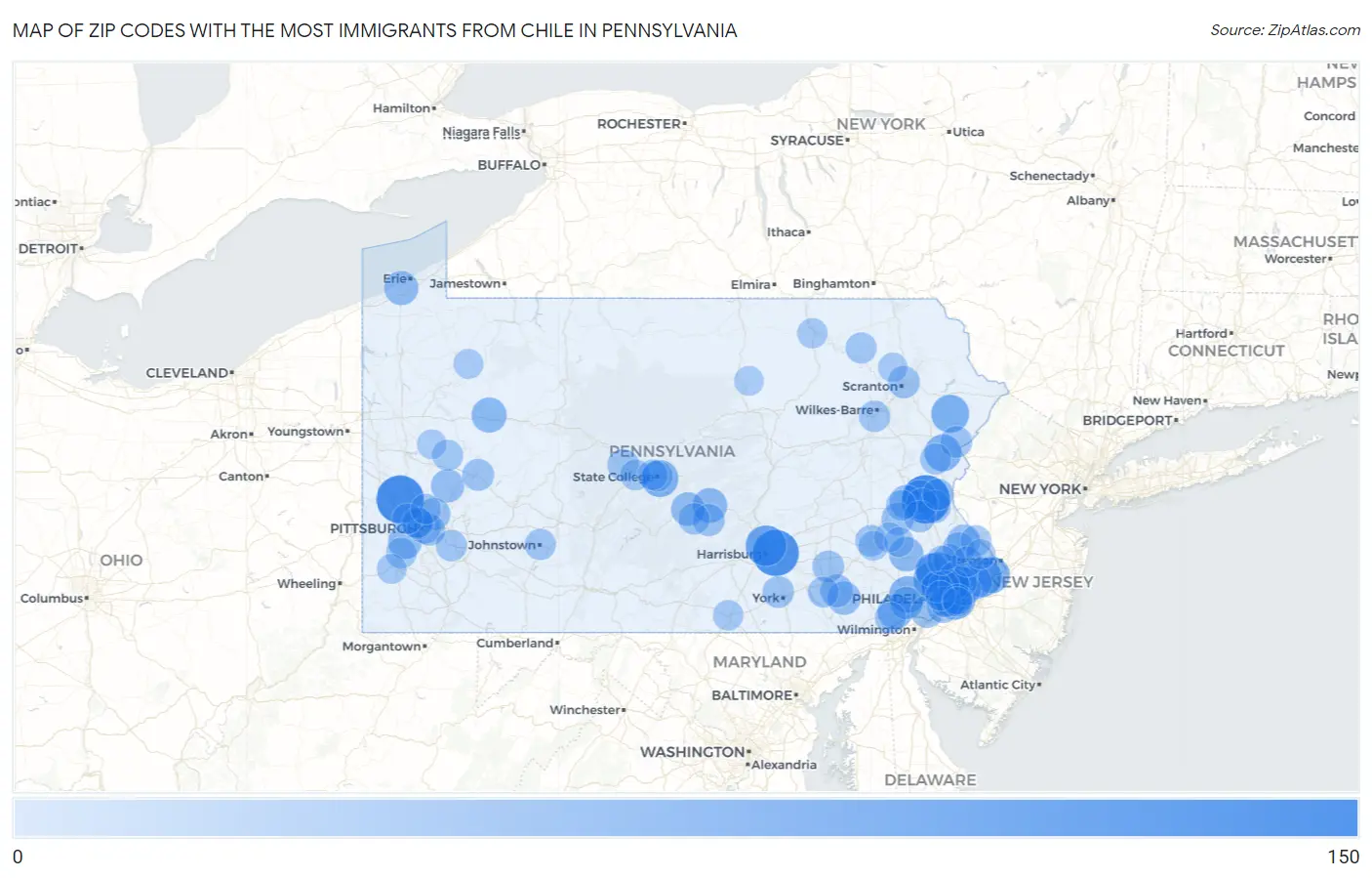 Zip Codes with the Most Immigrants from Chile in Pennsylvania Map