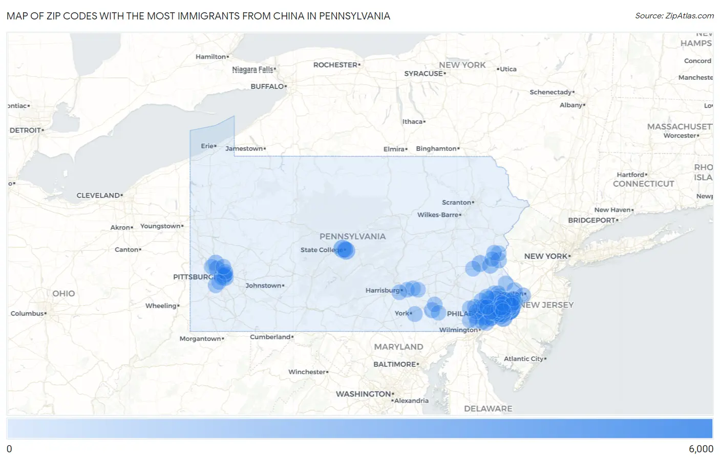 Zip Codes with the Most Immigrants from China in Pennsylvania Map