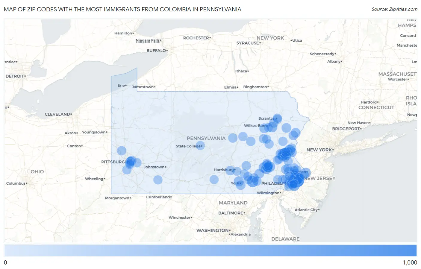 Zip Codes with the Most Immigrants from Colombia in Pennsylvania Map