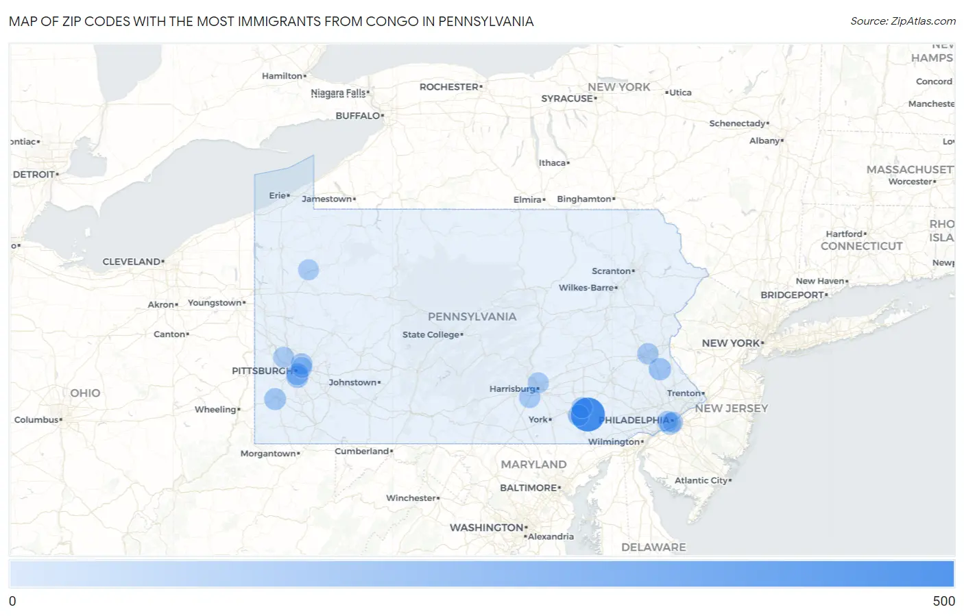 Zip Codes with the Most Immigrants from Congo in Pennsylvania Map