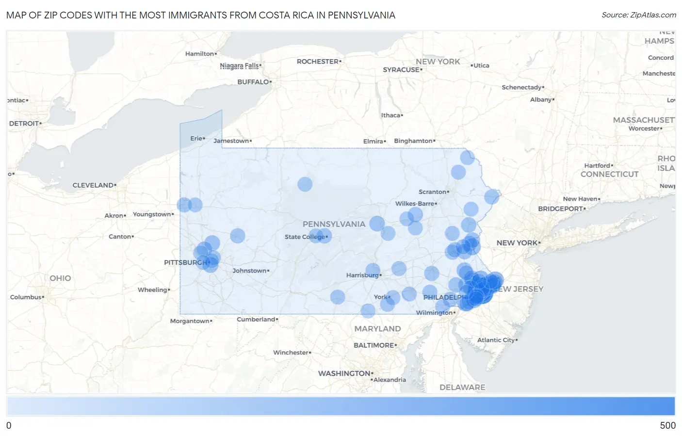 Zip Codes with the Most Immigrants from Costa Rica in Pennsylvania Map