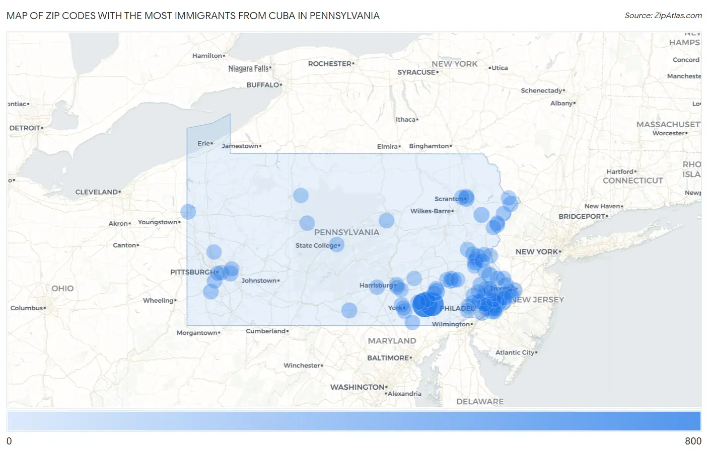 Zip Codes with the Most Immigrants from Cuba in Pennsylvania Map