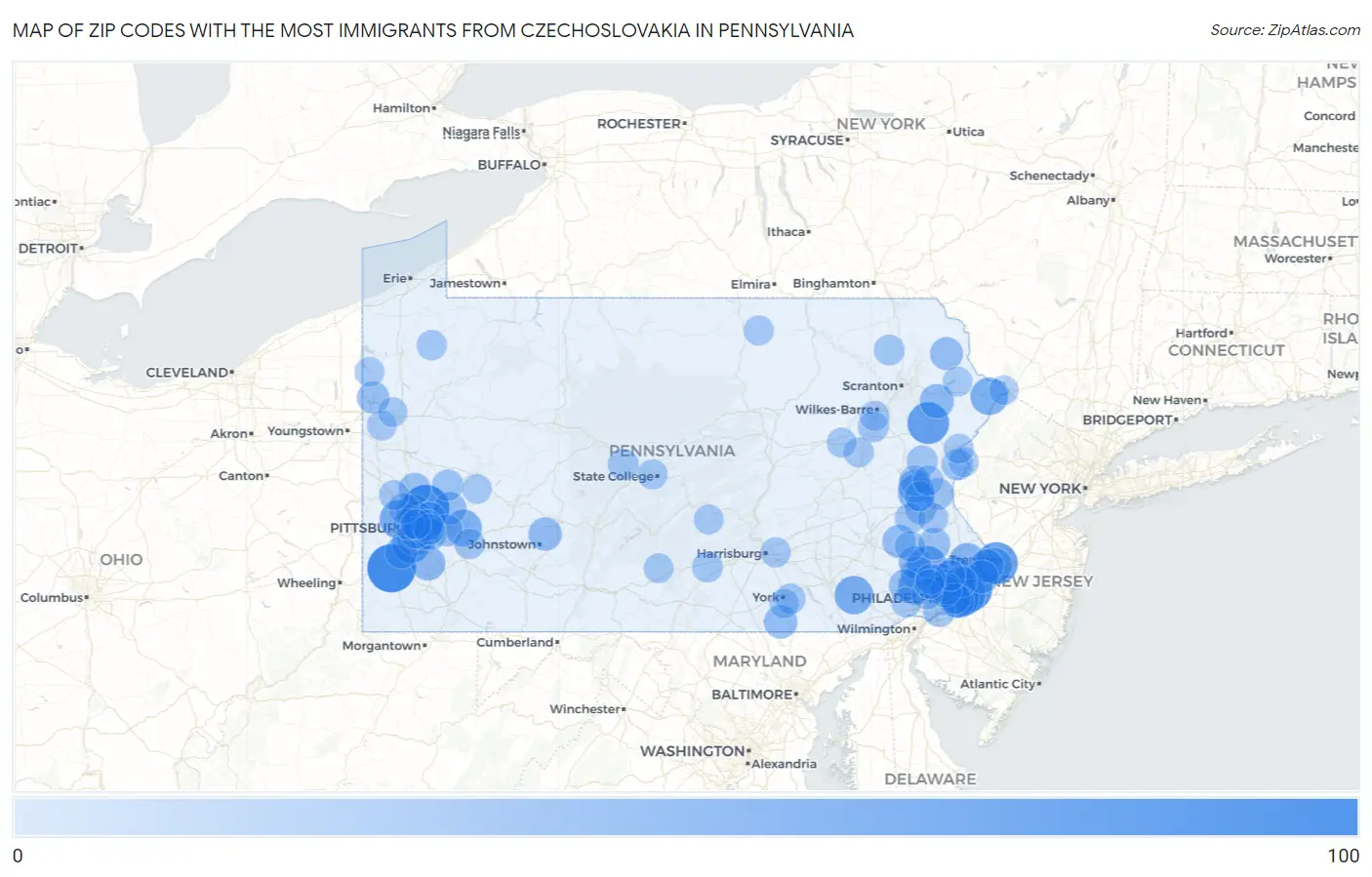 Zip Codes with the Most Immigrants from Czechoslovakia in Pennsylvania Map