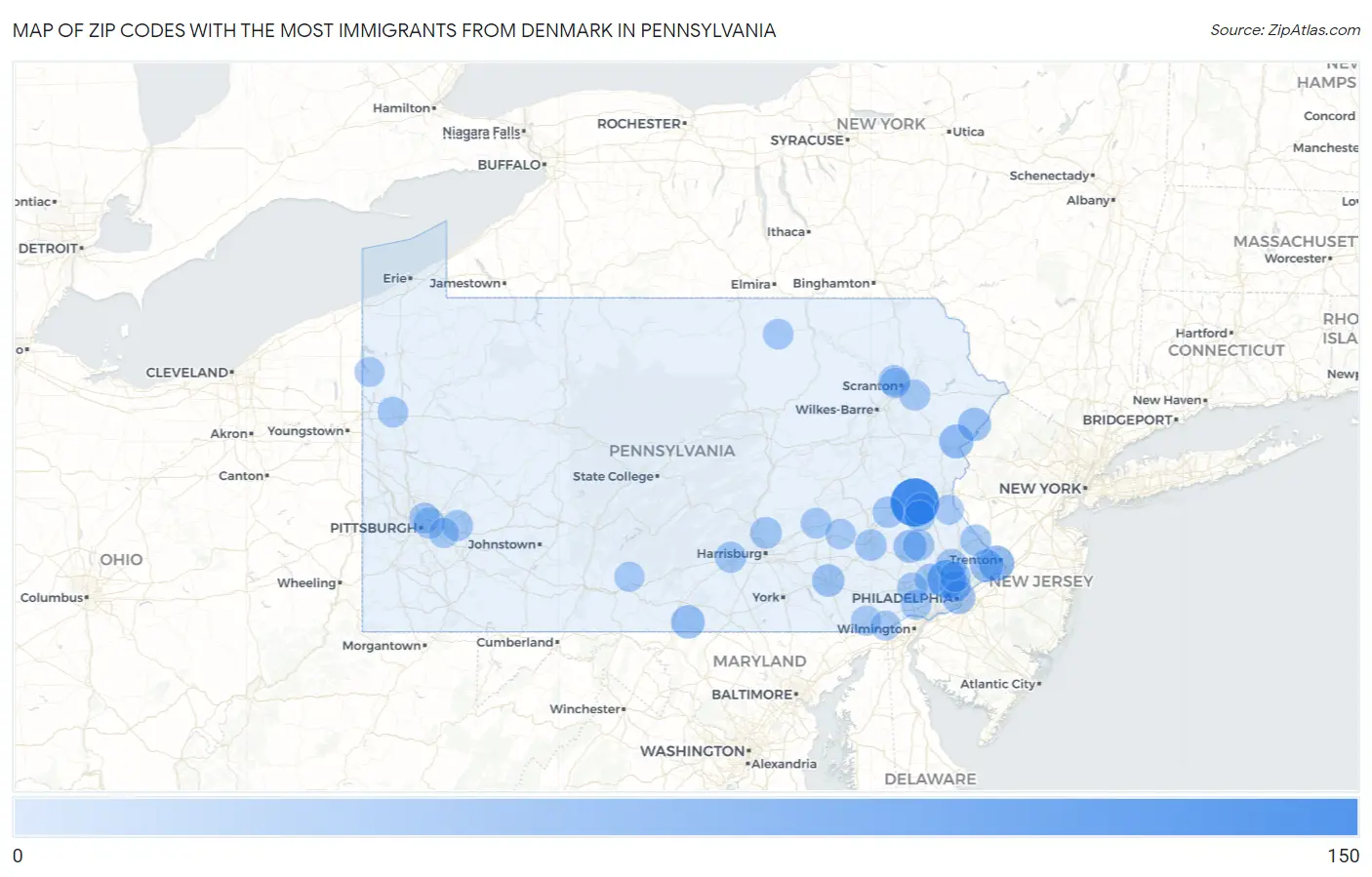 Zip Codes with the Most Immigrants from Denmark in Pennsylvania Map