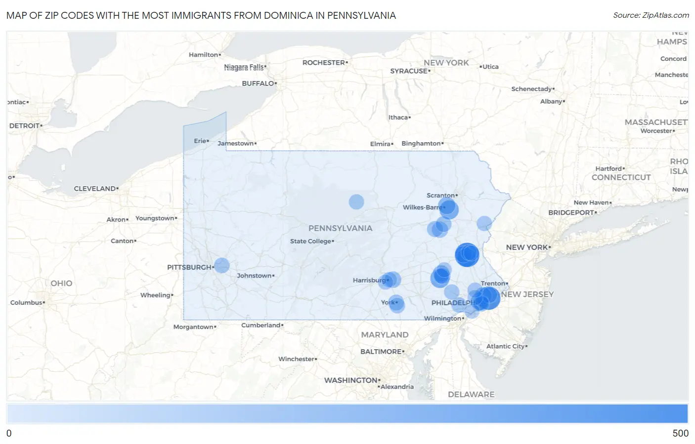 Zip Codes with the Most Immigrants from Dominica in Pennsylvania Map