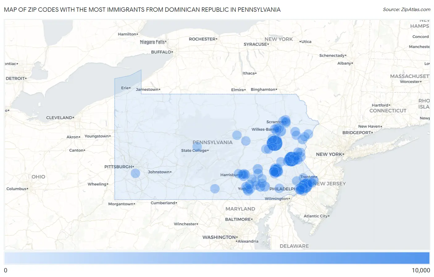 Zip Codes with the Most Immigrants from Dominican Republic in Pennsylvania Map