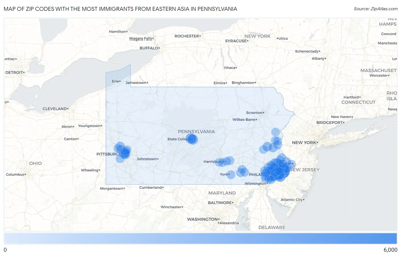Zip Codes with the Most Immigrants from Eastern Asia in Pennsylvania Map