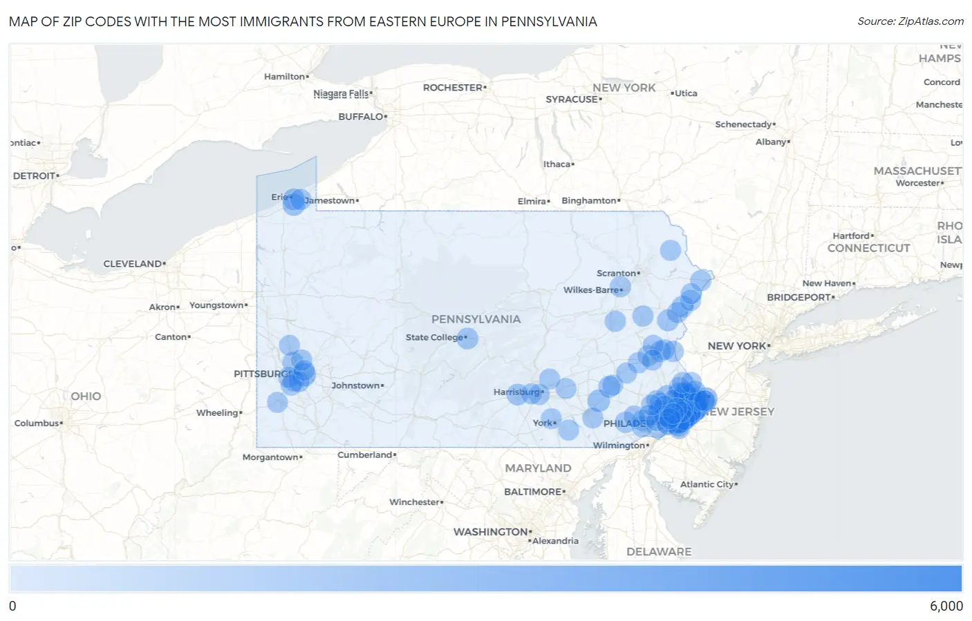 Zip Codes with the Most Immigrants from Eastern Europe in Pennsylvania Map