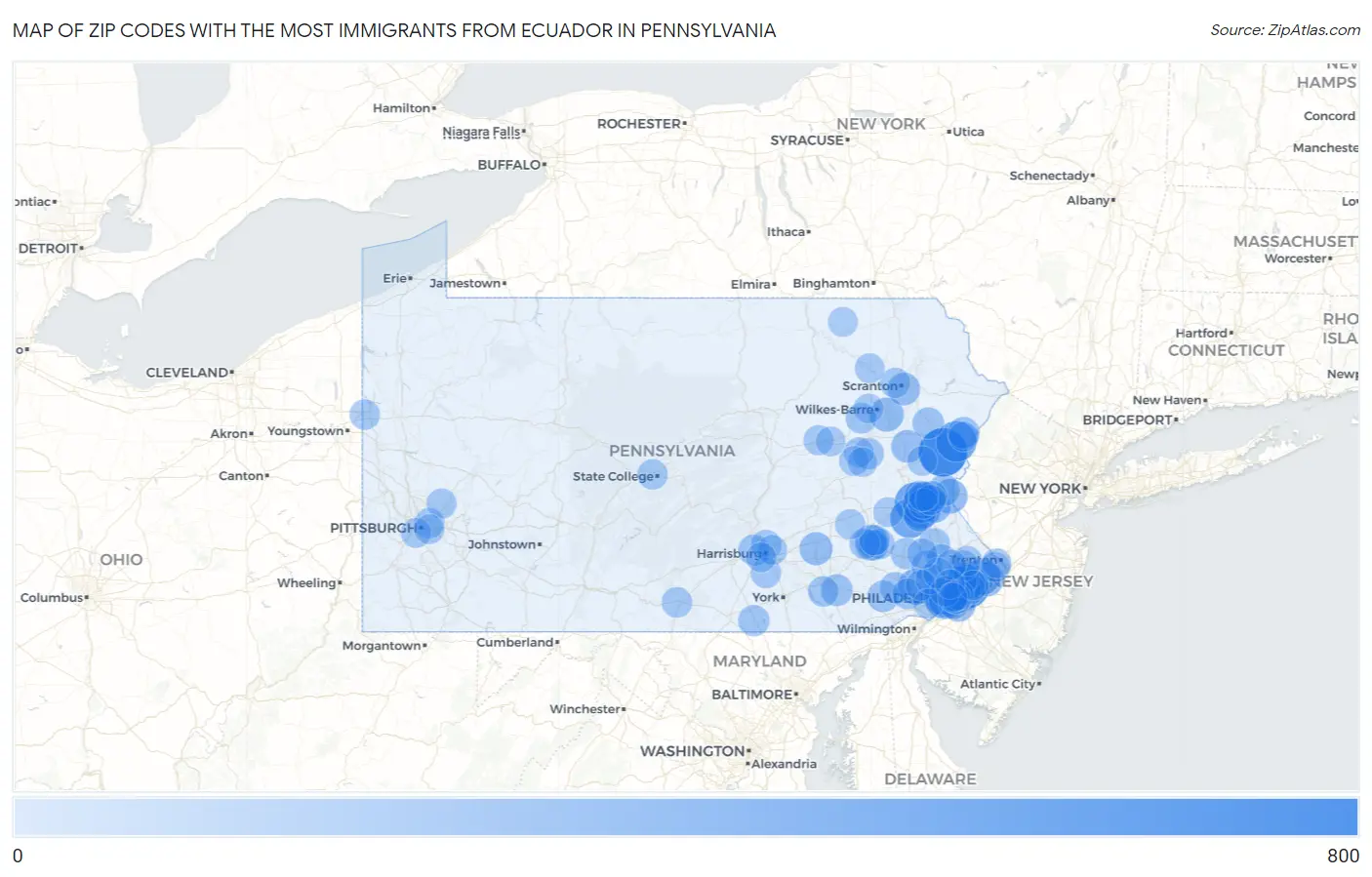 Zip Codes with the Most Immigrants from Ecuador in Pennsylvania Map